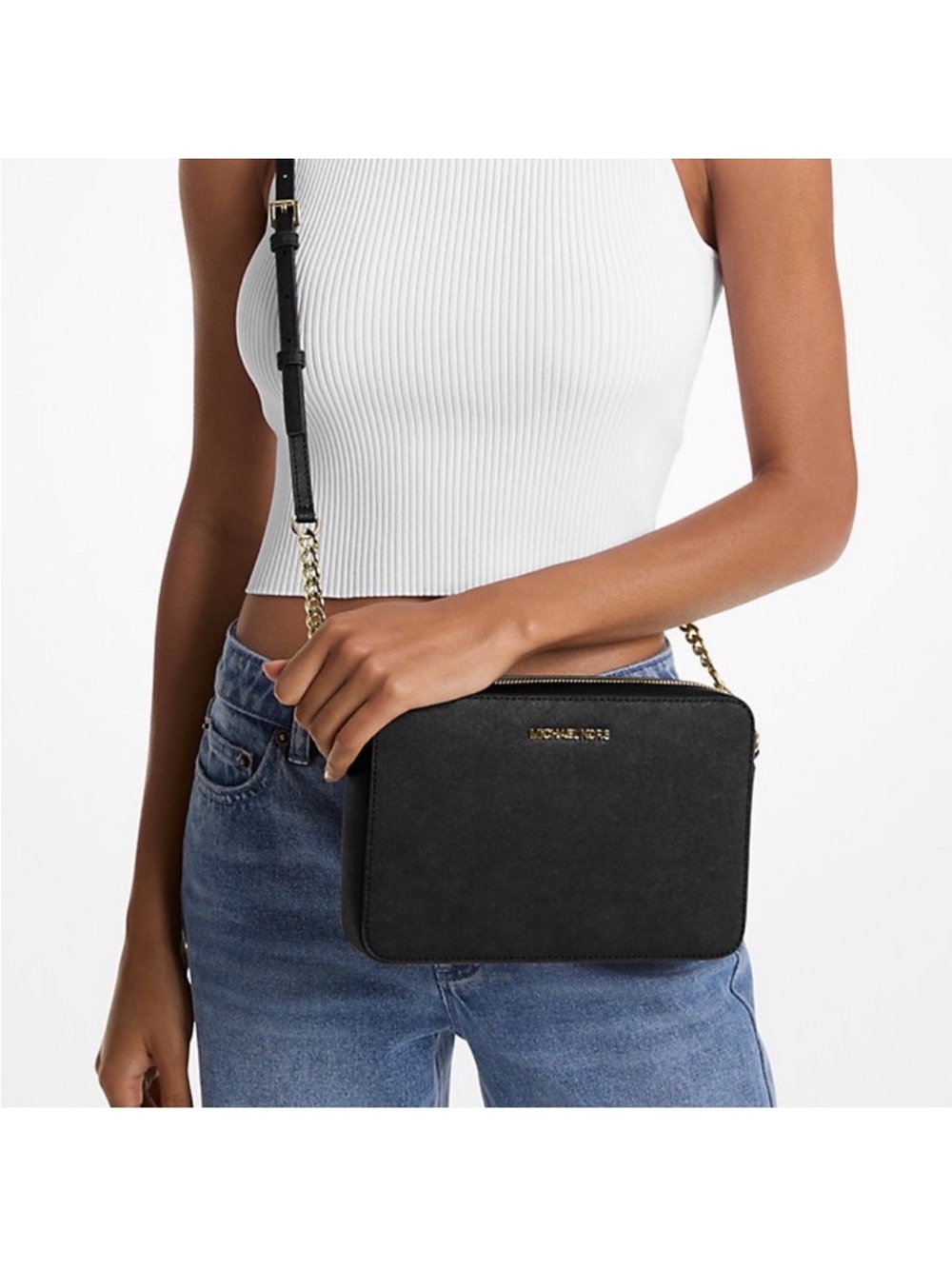 Michael Kors Black Crossbody with Gold Chain Accent